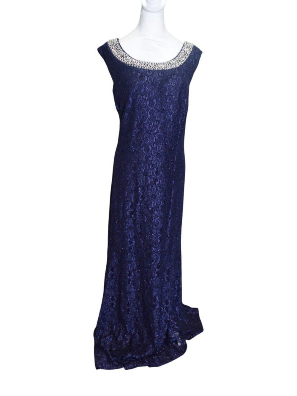 R&M Richards Evening Lace Gown with Pearl Embellished Neckline in Navy size 22W